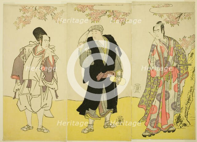 The Actors Sawamura Sojuro III as Kusunoki Tatewaki Masatsura (right), Onoe Matsusuke I..., c. 1786. Creator: Shunsho.