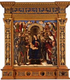 Pala Oliva. Madonna and Child enthroned between Saints George, Francis of Assisi…, 1489. Creator: Santi, Giovanni (ca 1435-1494).