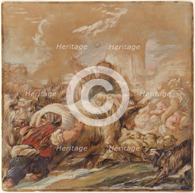 Herdsmen Driving Cattle across a Stream, c. 1760. Creator: Jean-Baptiste Deshays.