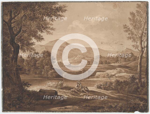 Landscape with ruins and figurative staff, around 1800. Creator: Unknown.