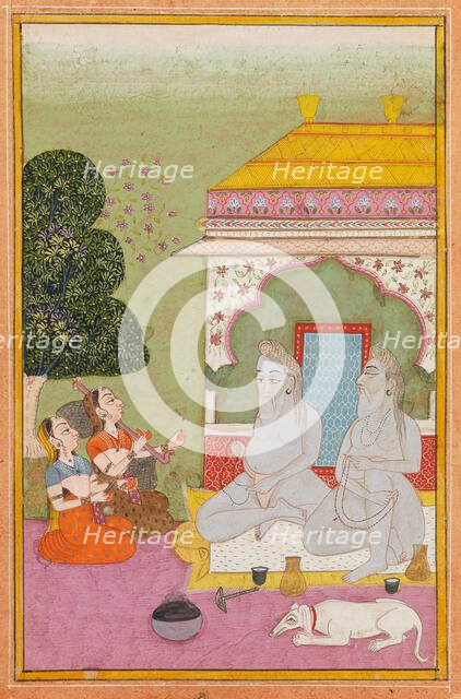 Two women playing for two holy men (sadhus), c1800. Creator: Unknown.