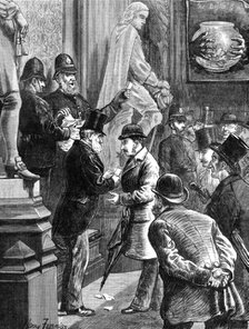 Drawing lots for admission to the Strangers' Gallery, House of Commons, 1881. Creator: Joseph Swain.