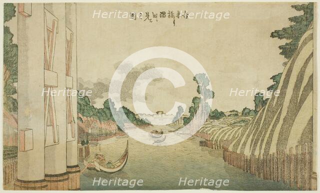 Sumida River seen from Azuma Bridge (Azumabashi yori Sumida wo miru no zu), from a group, c.1800/05. Creator: Hokusai.