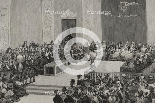 Awarding of prizes during the Floral Games, auditorium of the Central University, Madrid...1878. Creator: Juan Comba García.