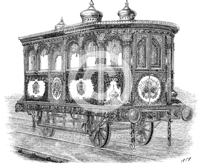 Luxury rail car built for the Viceroy of Egypt, engraving 1858.
