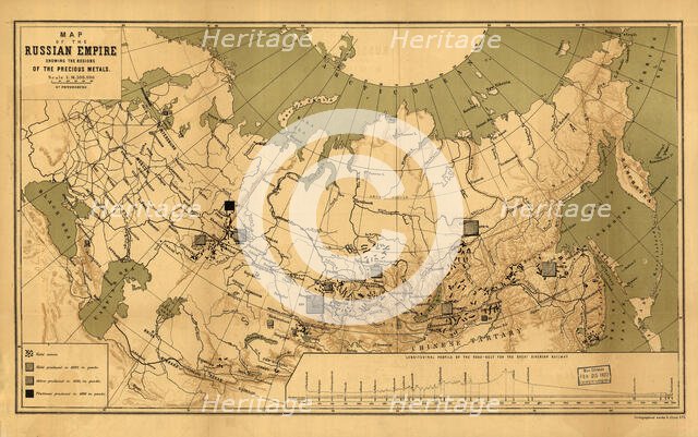 Map of the Russian Empire showing the regions of the precious metals, 1890. Creator: A. Jlyne.