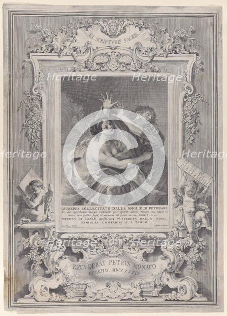 Joseph and Potiphar's wife, within an ornate frame, 1739. Creator: Pietro Monaco.