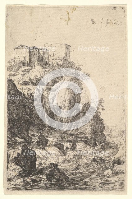 Cascades near Ponte della Trave, with buildings on a rocky outcrop above, from the series ..., 1639. Creator: Bartholomeus Breenbergh.