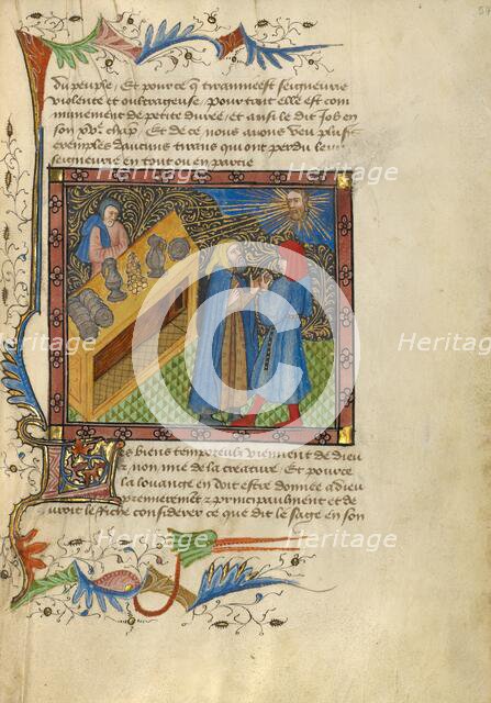 Two Men Standing before a Bench of Money, Plates, and Goblets; Livre de Bonnes Moeurs, about 1430. Creator: Unknown.