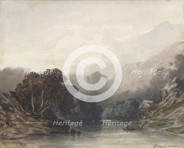 Mountain lake in the shadow of dark trees, behind it light hills and snowy peaks, 1800-1900. Creator: Ernest Ciceri.