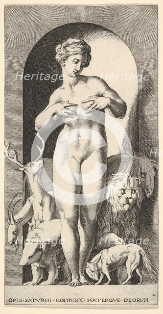 Plate 2: Ops standing in a niche with her hands at her breasts, looking to her left, with ..., 1526. Creator: Giovanni Jacopo Caraglio.