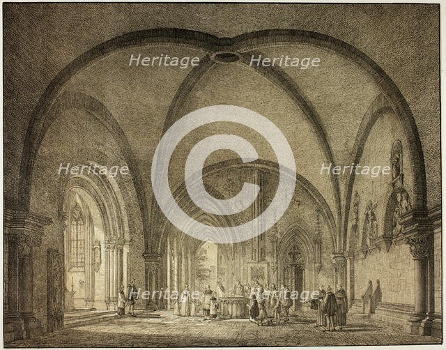 Baptismal Hall and Cloisters in the Cathedral at Mainz, from Collection of Memorable..., 1823. Creator: Domenico Quaglio II.