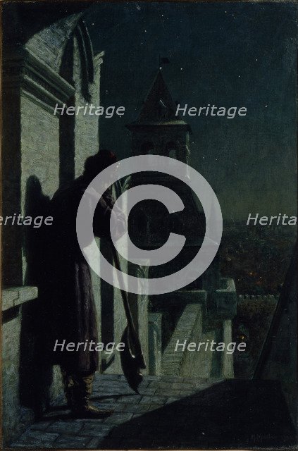 Strelets on the Moscow Kremlin tower at Moonlit Night, 1890s. Artist: Matveyev, Nikolai Sergeyevich (1855-1939)