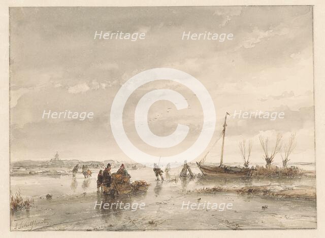 Winter landscape with frozen lake, 1797-1870. Creator: Andreas Schelfhout.