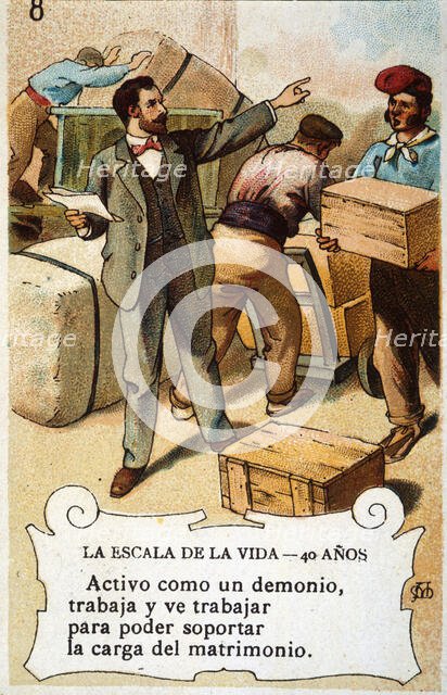 Picture card 'The scale of life'. Number 8, 1902, for the company 'Chocolates Amatller'. Creator: Mestres, Apeles. (1854-1936).