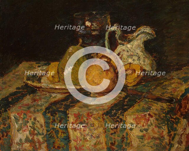 Still Life with Fruit and Wine Jug, 1874. Creator: Adolphe Monticelli.