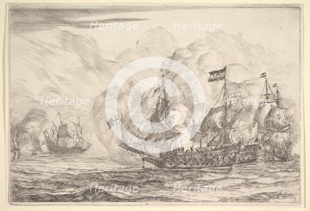Naval Encounter with Three Vessels on the Right, from Naval Battles (Nieuwe Scheeps Bat..., 1652-54. Creator: Reinier Zeeman.
