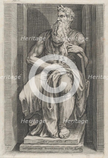 Speculum Romanae Magnificentiae: Moses after the sculpture by Michelangelo, 16th c..., 16th century. Creator: Jacob Matham.