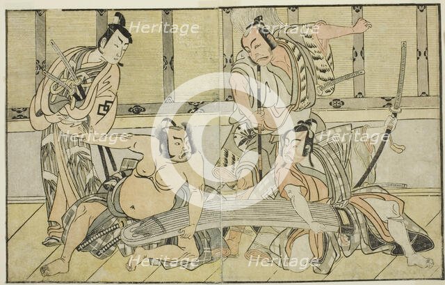 The Actors Ichikawa Yaozo II as Kujaku no Saburo, Matsumoto Koshiro II as Hata no Daize..., c. 1772. Creator: Shunsho.