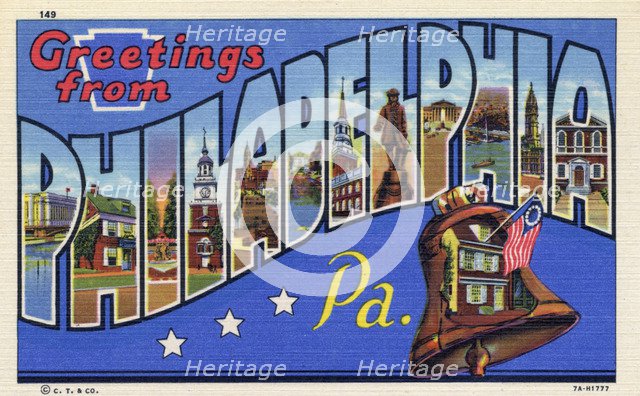 'Greetings from Philadelphia, Pennsylvania', postcard, 1937. Artist: Unknown