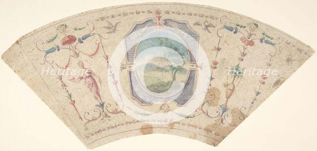 Semi-Circular Design with Grotesques and a Central Medaillon containing a Landscape,18th cent. Creator: Anon.