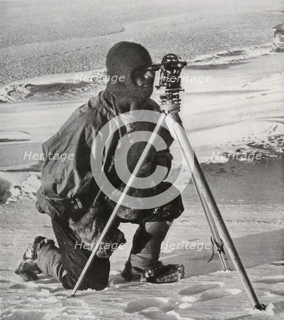 'Lieut. E. R. G. R. Evans Surveying With The Four-Inch Theodolite', October 1911, (1913).  Artist: Herbert Ponting.