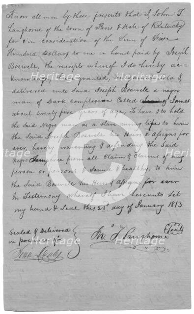 Letter stating that $500 was paid for the purchase of Joseph Boswell, signed by Langhorne, 1813. Creator: Unknown.