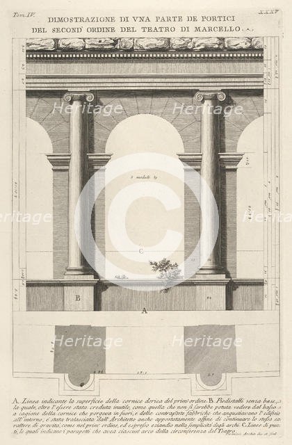 Elevation and plan of the second-order portico at the Theater of Marcellus (Teatro di Marc..., 1756. Creator: Giovanni Battista Piranesi.