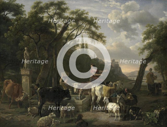 Italian Landscape with Shepherds and Animals at a Fountain, 1780-1810. Creator: Jean-Louis Demarne.