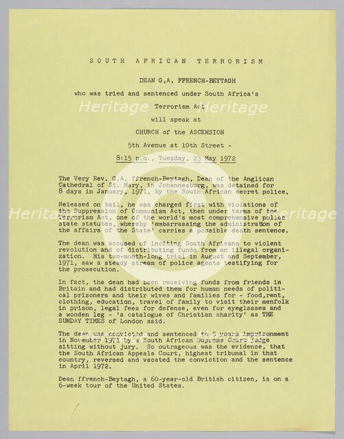 Flyer announcing a speech by Dean G.A. FFrench-Beytagh, 1972. Creator: Unknown.