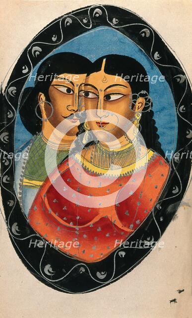 Two lovers surrounded by an oval frame. Creator: Unknown.