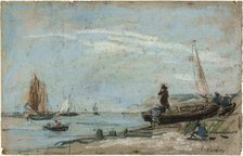 Beach with Fishing Boats (recto); Landscape with Farmer Plowing a Field (verso), 1870/79. Creator: Eugene Louis Boudin.