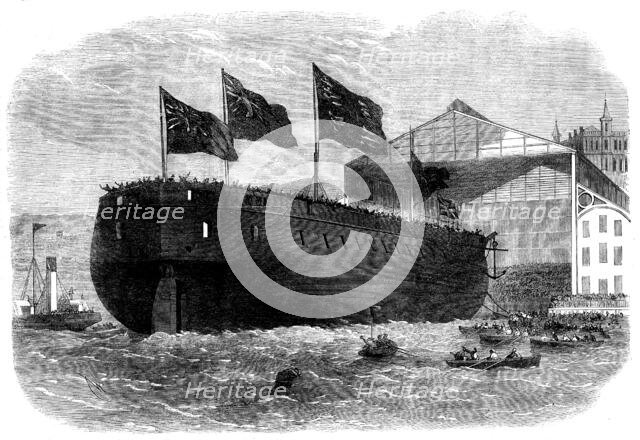 Launch of Her Majesty's armour-plated screw-frigate Caledonia, 31 guns, at Woolwich..., 1862. Creator: Unknown.