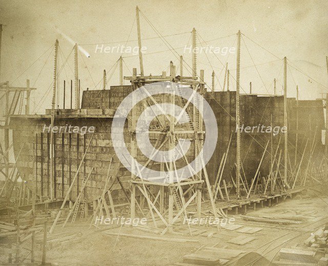 The 'Great Eastern' under construction, Millwall, London, 1855. Artist: Joseph Cundall.