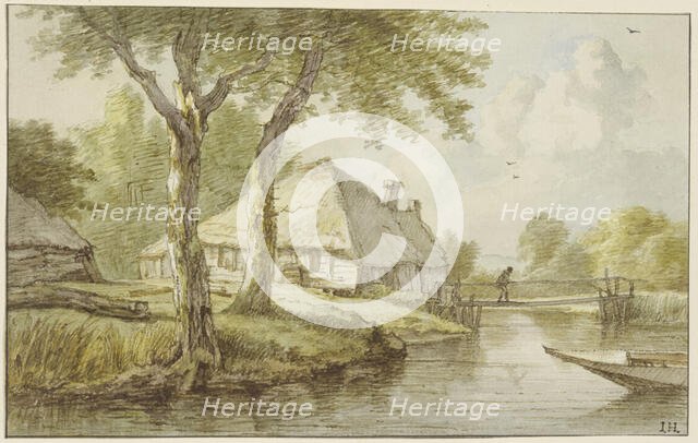 A house by the water, a jetty, the prow of a boat to the right, between two trees. Creator: Jan Hulswit.