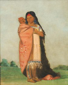 Tsee-moúnt, Great Wonder, Carrying Her Baby in Her Robe, 1832. Creator: George Catlin.