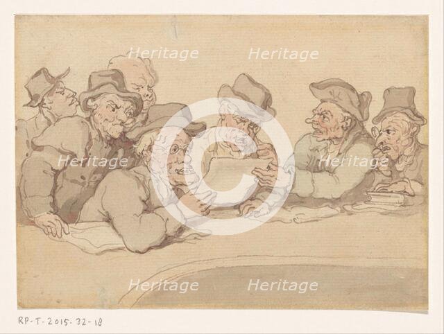 Men look around a table a print or drawing, c.1775-c.1825. Creator: Anon.