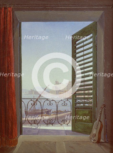 Balcony Room with a View of the Bay of Naples, c. 1829. Artist: Carus, Carl Gustav (1789-1869)