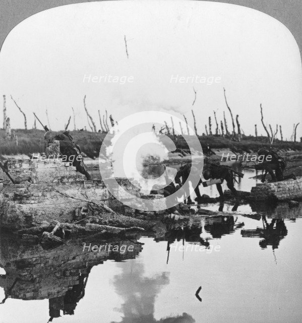 British troops on the Yser Canal, Flanders, Belgium, World War I, c1914-c1918. Artist: Realistic Travels Publishers