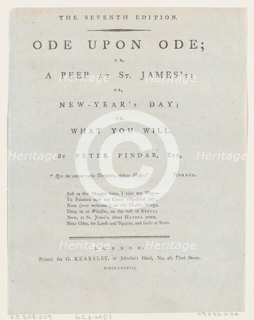 Title Page, from Ode Upon Ode by Peter Pindar, 1787. Creator: George Kearsley.