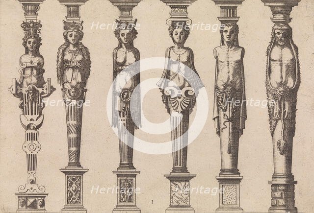 Six herms, four female and two male, with Hercules at far right, ca. 1565. Creators: Johannes van Doetecum I, Lucas van Doetecum.