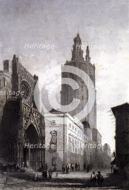 View of the Cathedral and the Miquelet tower in Valencia, engraving in 'Voyage Pittoresque en Esp…