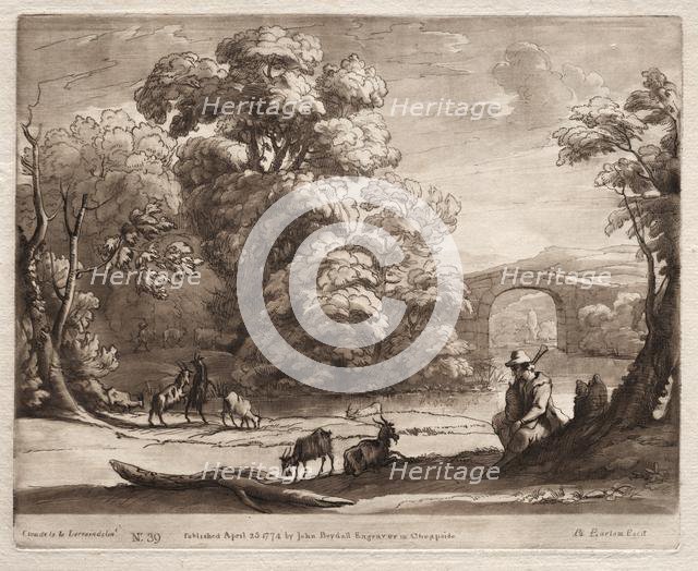 Liber Veritatis: No. 39, A Landscape with Herdsman Playing a Bagpipe and Goats Browsing, 1774. Creator: Richard Earlom (British, 1743-1822).