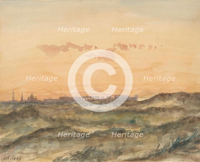 Landscape with the silhouette of a city in the distance, 1886. Creator: Arnoldus Dirk Felix Tavenraat.