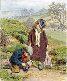 Brother Tying his Sister's Shoe, pub. 1854. Creator: Robert Barnes (1840 - 1895).