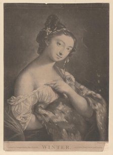 Winter: a woman holding a spotted fur mantle, 1775. Creator: Richard Houston.