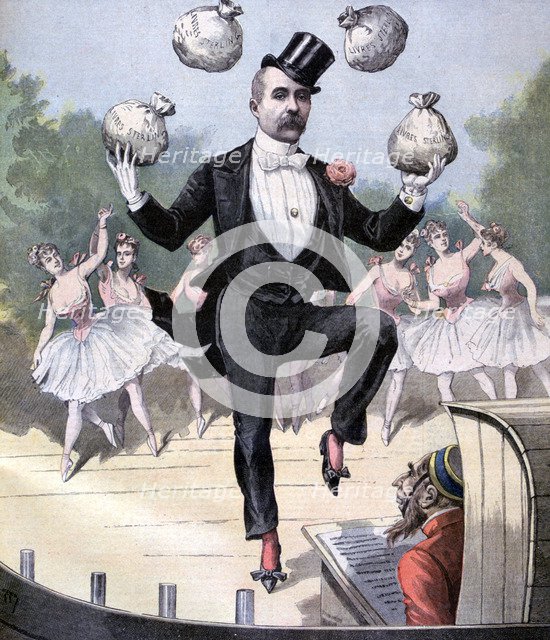 Georges Clemenceau juggling bags of English money, 1893. Artist: Henri Meyer