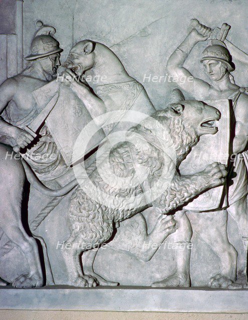 Roman relief of gladiators fighting wild beasts. Artist: Unknown