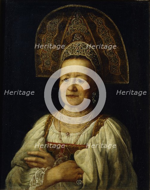 Portrait of a Merchant Woman in Kokoshnik, 1796. Artist: Drozhdin, Petro Semyonovich (1745-1805)