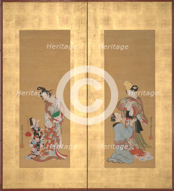 Shirabyoshi Dancer and Female Servant; Courtesan and Girl Attendant , mid-18th century. Creator: Tsukioka Masanobu.